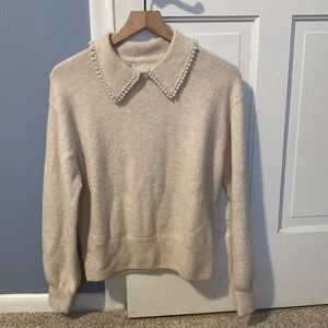 H&M Beige Pearled Collar Sweatshirt